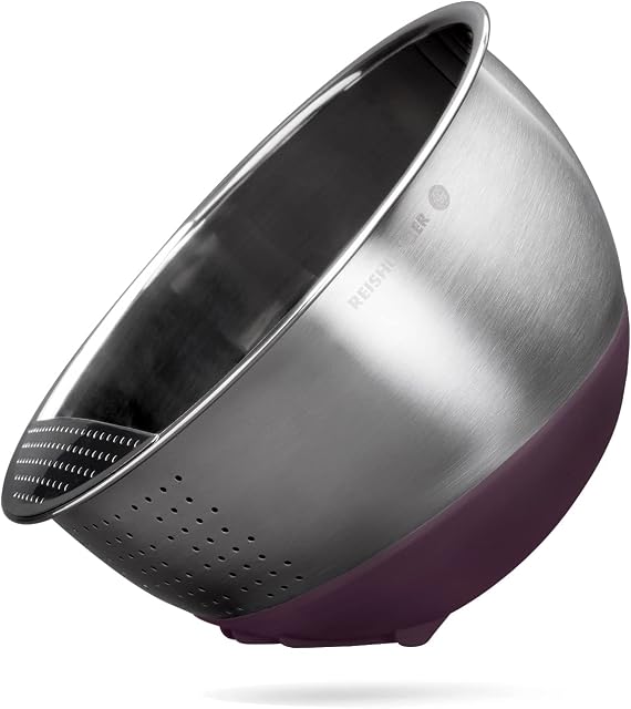 Reishunger Rice Washing Bowl Made of Stainless Steel - Strainer for Washing Rice and Vegetables - With Non-Slip Silicone Base (258-22)