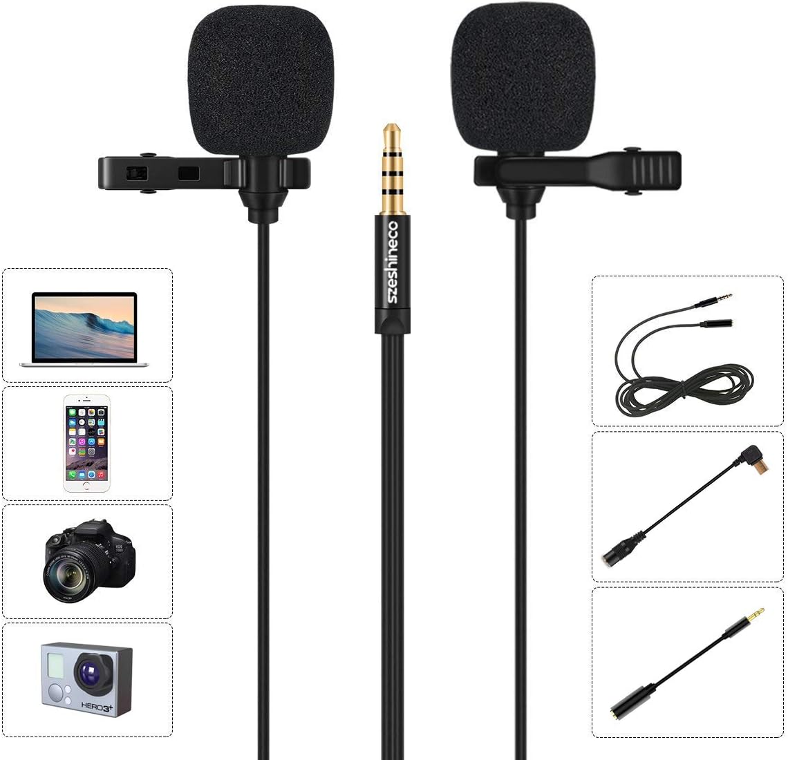 Lavalier Microphone, Szeshineco Lavalier Microphone 3.5mm Omnidirectional Condenser Clip-on Mic Set for Smartphone, Laptop, PC, Camera and more