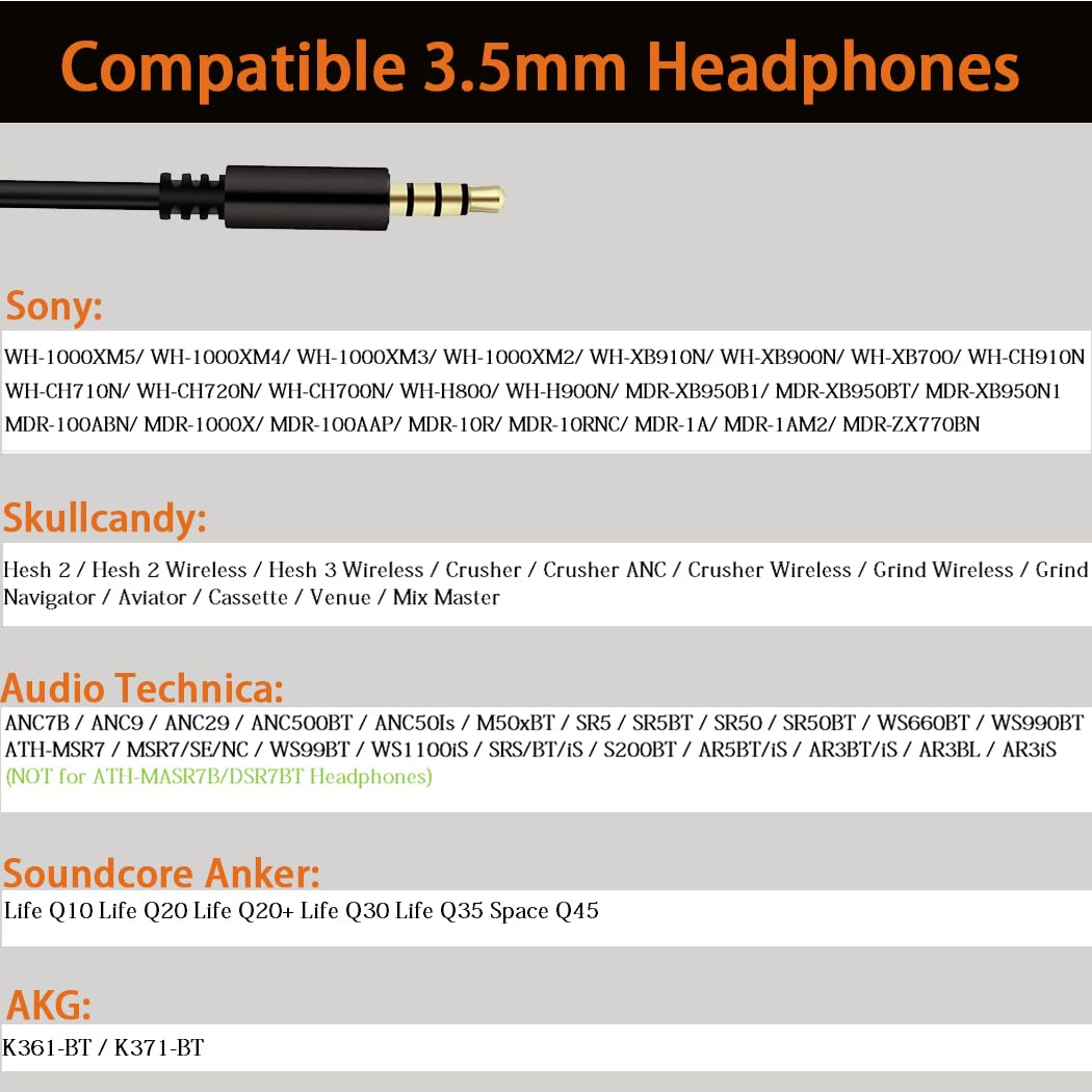 3.5mm Replacement Audio Cable for Sony WH-1000XM5/XM4/XM3/XM2?WH-XB910N/900N/700?WH-CH910N/710N/720N/700N/H900N?MDR-XB950B1/XB950BT/XB950N1/1000X/100AAP/10R/10RNC/1A with in-line Mic&Volume Control