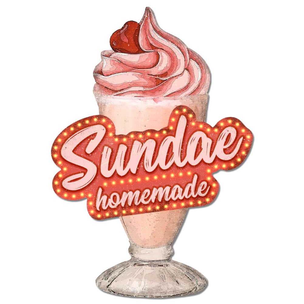 GLOBLELAND Sundae Vintage Metal Tin Sign 10.6x7.4inch Retro Ice Cream Plaque Poster Metal Wall Decorative Tin Signs for Home Kitchen Restaurant Coffee Shop Club Bar Decoration