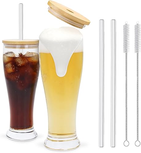 Homzing Vaso de cerveza con tapas y pajilla vasos de vidrio originales de 15 onzas de alto vasos de café helado vasos de cerveza lindo vaso ideal