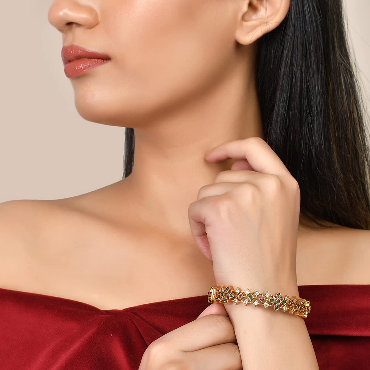 Sparkling Elegance Green-Red Studed Bangles
