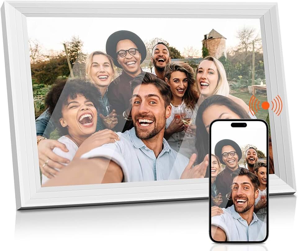 Moldura Digital de 10,1 Polegadas 32 GB, Porta Retrato Digital, Rotação Automática, Tela Táctil, Reproduzir Fotos E Vídeos, Apresentação de Slides, Vem com Uhale Software, Tela IPS de 1280*800, Branco