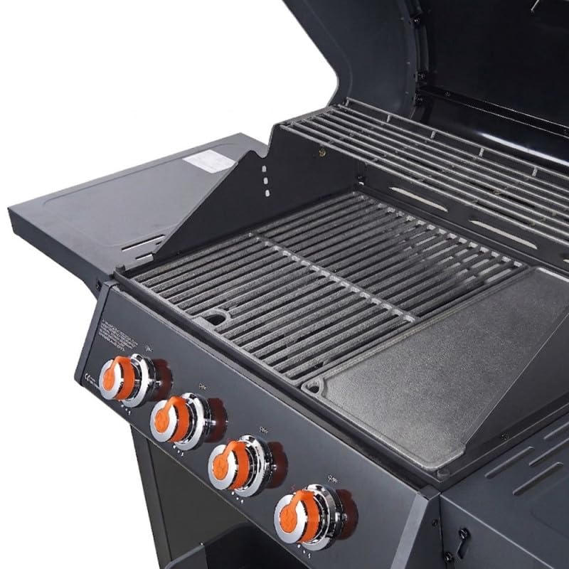BRASERO BY FAVEX – Barbecue gaz Spring II 4 brûleurs – Surface mixte grille & plancha fonte – 12,6 kW – EASY CLEAN – Tablettes rabattables - Jusqu'à 12 convives - Noir