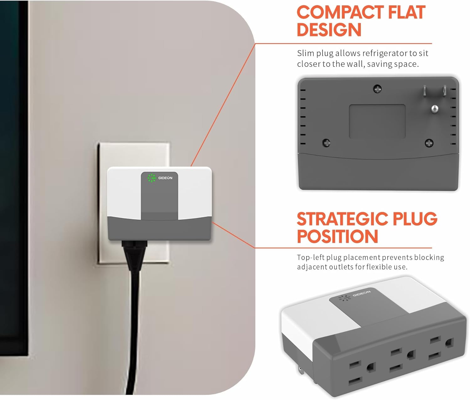 GIDEON Refrigerator Surge Protector, 3 Outlet Appliance Voltage & Surge Protector for Fridge, Microwave, Washing Machine, Protects Against Power Surges, High/Low Voltage and Brownouts, 15A 1800W