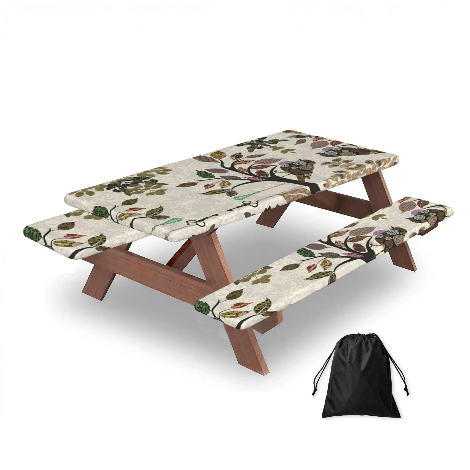 ESNAIUVCD Birds On Branches Print Picnic Table Cover With Bench Covers,Camping Essentials,Fitted Tablecloth Cover With Elastic Edge, For Indoor & Outdoor 3 Pcs