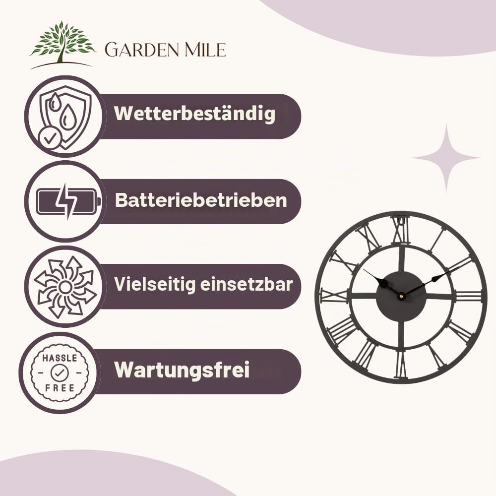 Garden Mile 35 cm Skelett-Wanduhr für drinnen und draußen, langlebig, groß, rund, wetterfest, für den Außenbereich, Wandschmuck für den Garten, Uhren für die Küche