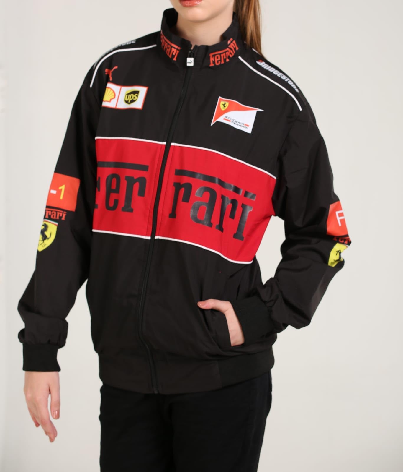 Black Oversized Women's Jacket F1 Racing Graphic on Parachute Fabric