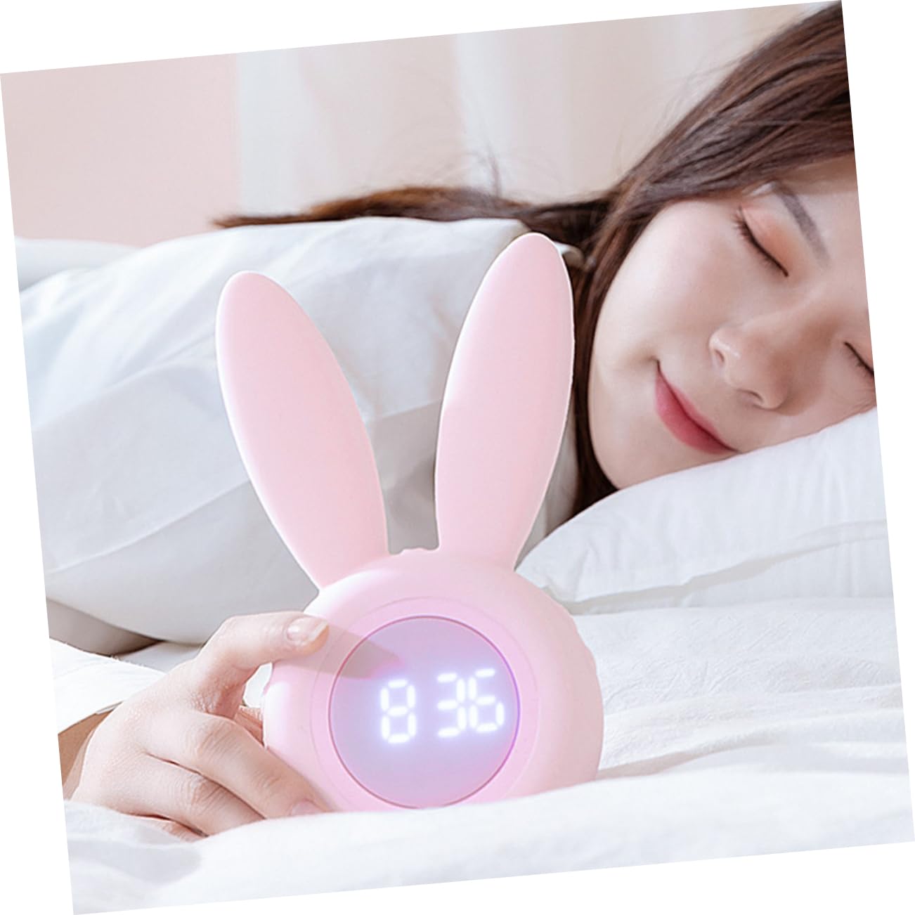 Despertador Lindo de Escritorio con Luz LED Nocturna, Orejas de Conejo