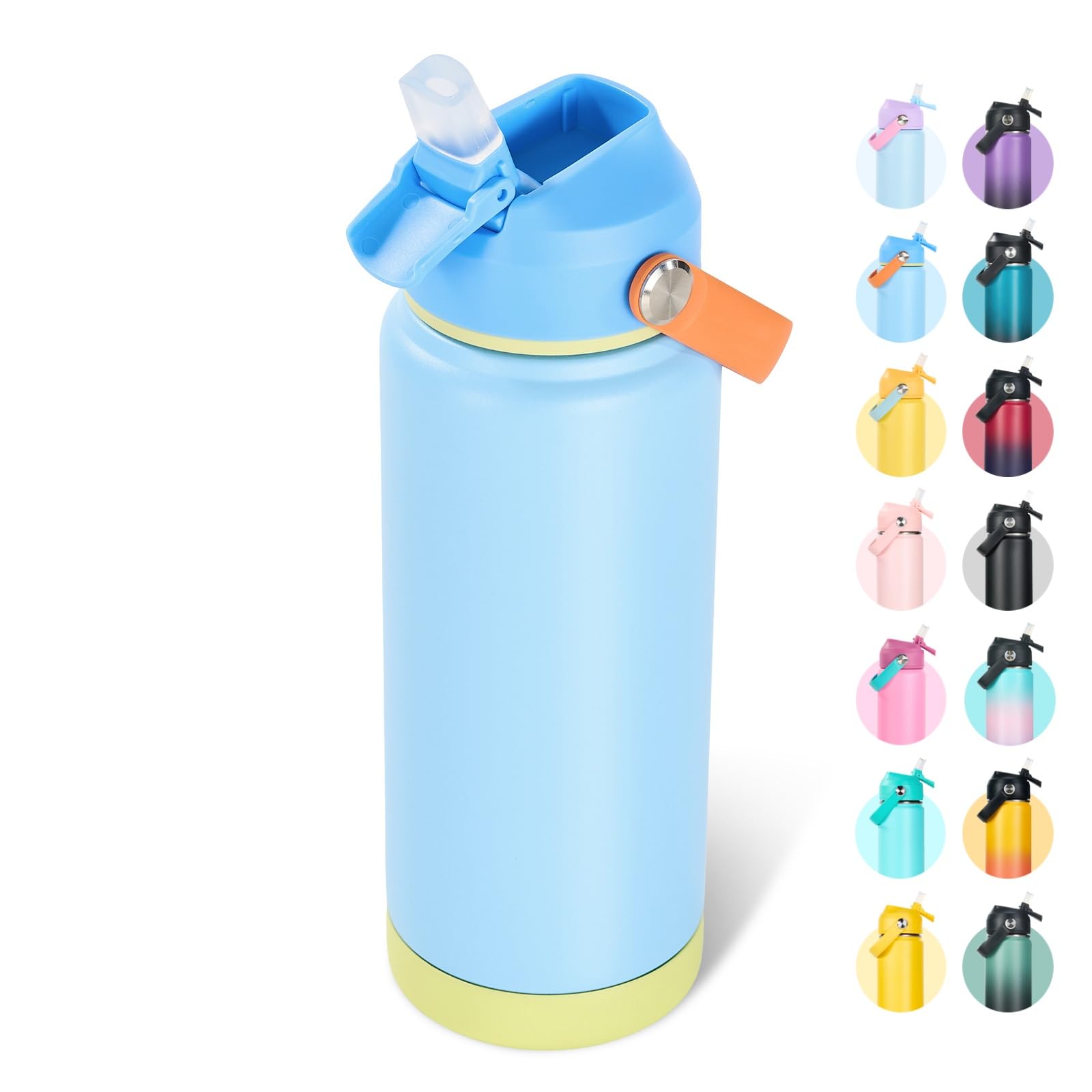 Fijinhom 24oz Insulated Stainless Steel Water Bottle, Wide Mouth Double Wall Vacuum, Silicone Straw, Sweat &amp; Leak Proof, BPA Free Insulated Water Flask for Travel, Keep Cold 24h Hot 12h, Cerulean