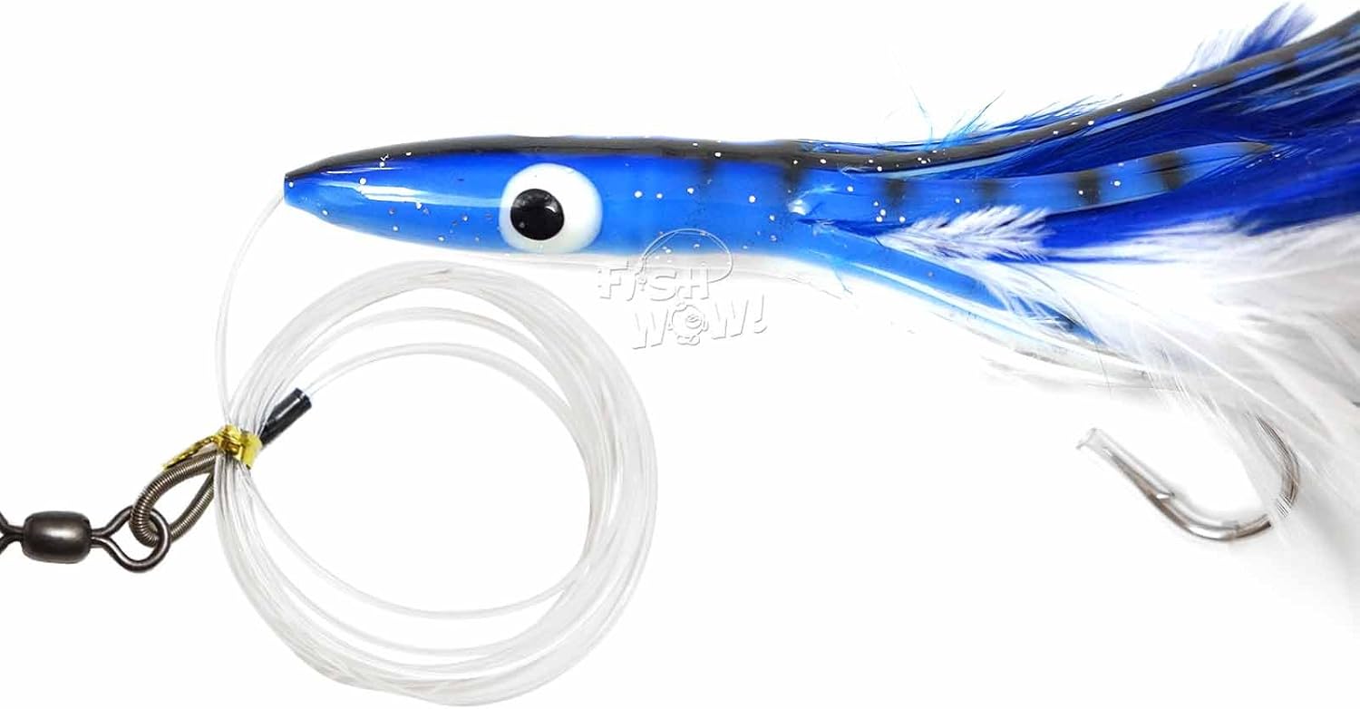 5pcs Fish WOW! 6" Fishing Tuna Clone Feather Rig Trolling 3oz Bullet Weight Head Lure -5 Colors- Mexican Flag, Black Purple, Red White, Blue White, Green Yellow