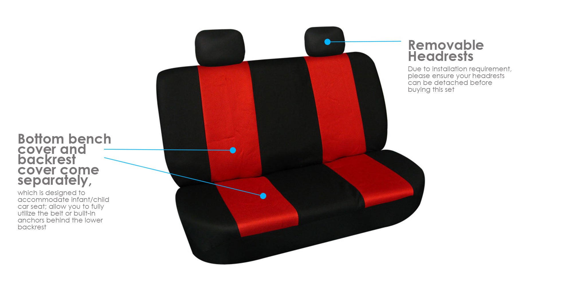 TLH Classic Cloth Automotive Seat Covers Rear Set Only, Split Bench Compatible Red Universal Fit Car Seat Protector for Cars, Auto, Trucks, SUV