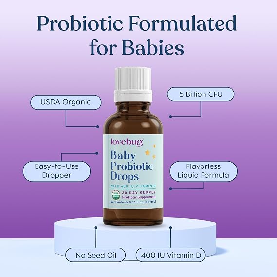 LOVEBUG Baby Probiotic Drops - Organic Probiotics for Immune Support and Baby Constipation & Colic Relief - Tasteless & Sugar-Free Liquid Drops for Newborns, Babies & Infants (0-12 Months) - 10ml
