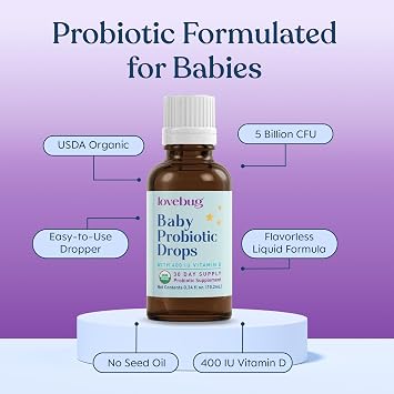 LOVEBUG Baby Probiotic Drops - Organic Probiotics for Immune Support and Baby Constipation & Colic Relief - Tasteless & Sugar-Free Liquid Drops for Newborns, Babies & Infants (0-12 Months) - 10ml