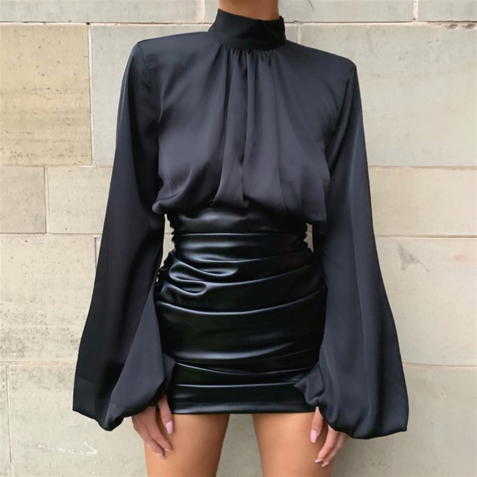 Amazon.com: KSFBHC Silk Cropped Top Ladies Blouse Puff Sleeve Ruched  Turtleneck Women Long Sleeve Shirt Casual Sexy Loose Top (Color : Black,  Size : Small) : Clothing, Shoes u0026 Jewelry