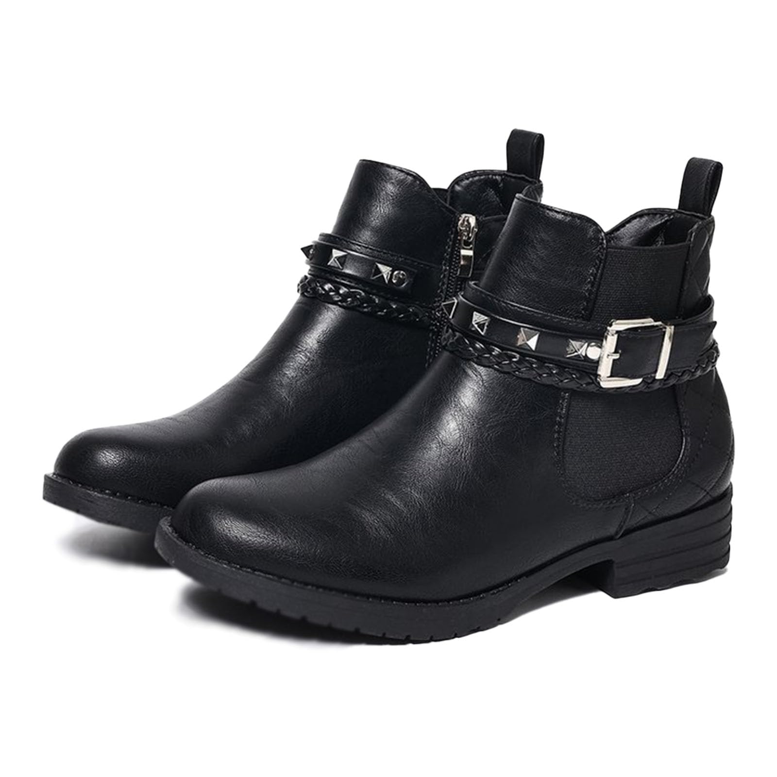 Womens Leather Belt Buckle Block heel Ankle Boot with Side Zipper Comfortable Round Toe Anti-Slip Chunky Low Heel