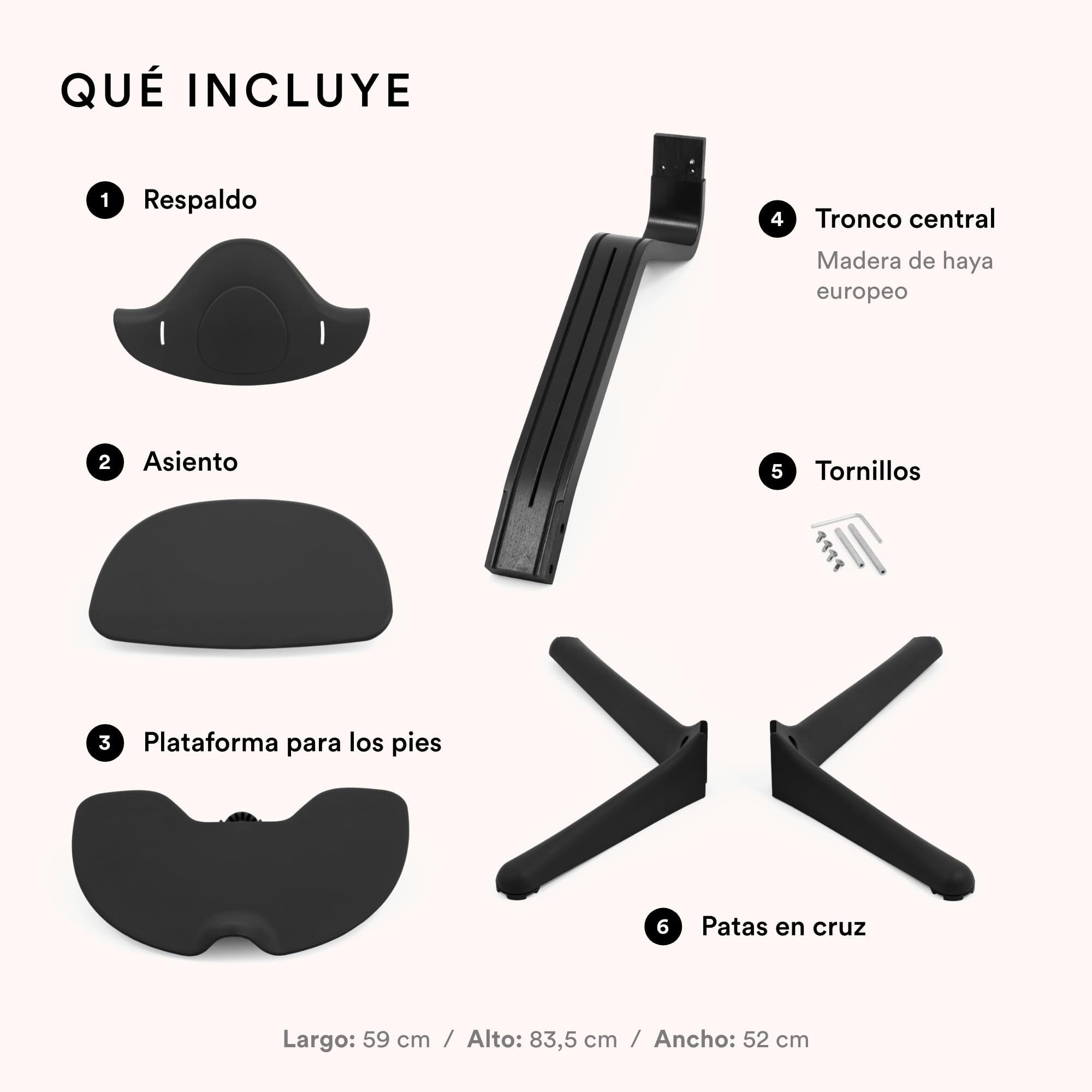 Silla Stokke Nomi, Negro - La silla que inspira a sentarse de forma activa - Sin herramientas, ajuste fácil - Incluye un reposapiés estable y ruedas antivuelco - Soporta hasta 150 kg