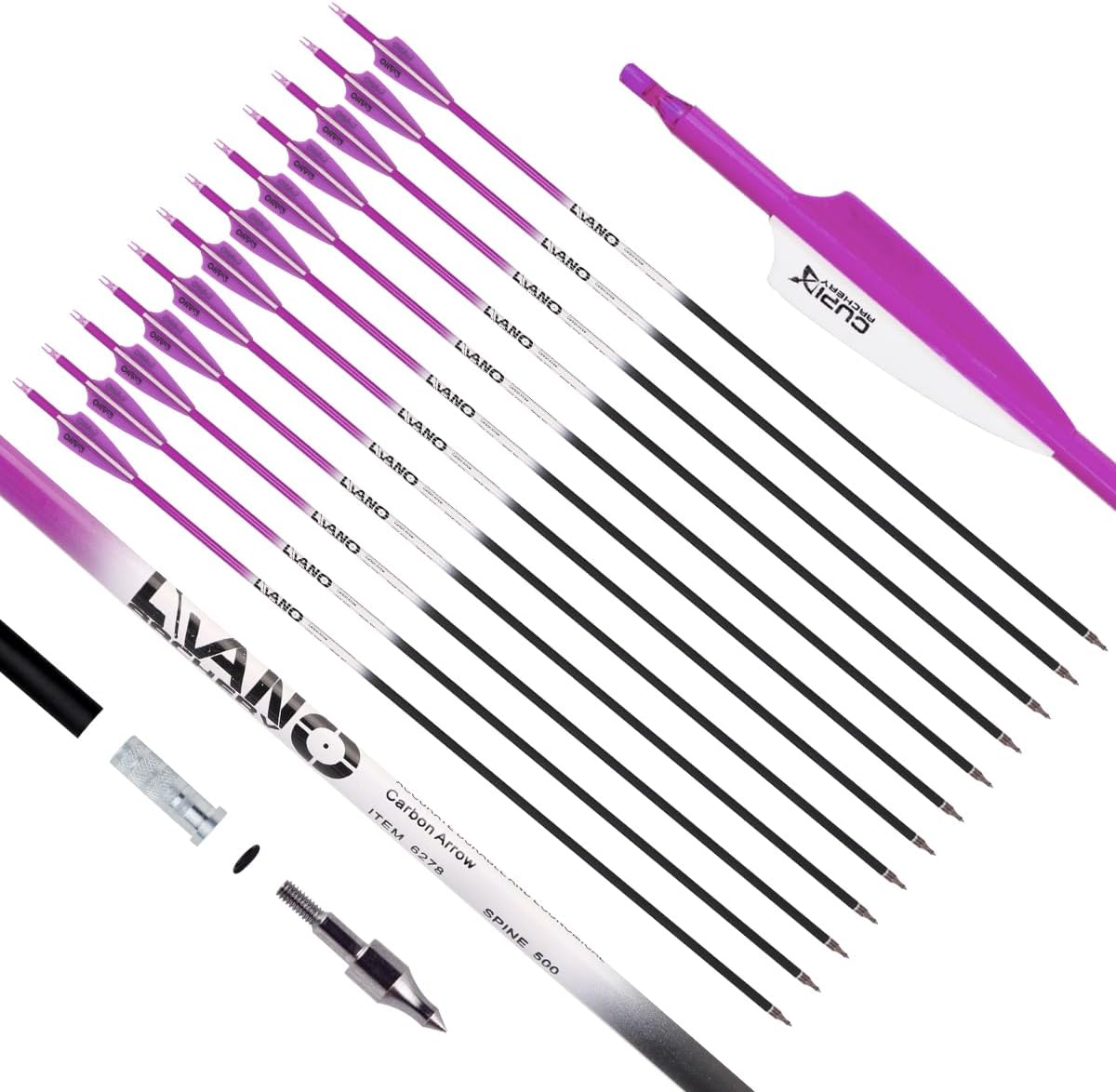 LWANO 30 Inch Carbon Arrows Spine 500 Hunting Target Practice for Compound Recurve Bow 30-60lbs - 12 Pack Removable Tips