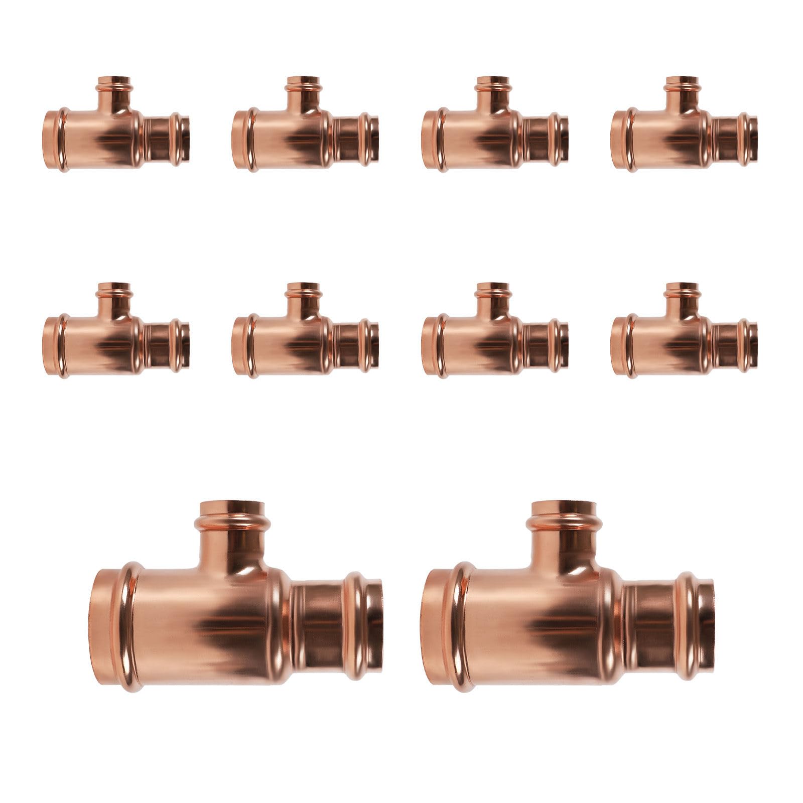 Paquete de 10 conectores en T reductores de cobre GUOFIS, 1-1/4" P x 3/4" P x 1/2", conector en T reductor de presión para plomería, conector de tres vías para derivación de tamaño de tubería.