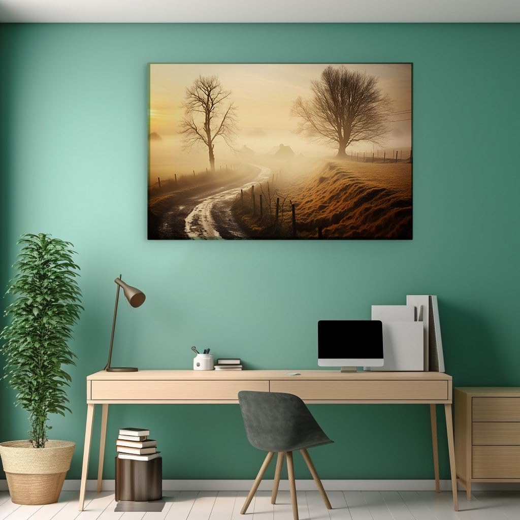 Canvas for Living room. Dawn's Serene Embrace - Tranquility Amidst Fog-Kissed Meadows and the Gentle Whisper of Rural Mornings, 27 x 18 inch Canvas Wall Art - Modern Home Decor - 69x46 cm (27x18 inch)