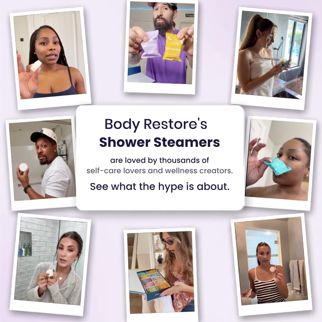 Body Restore Shower Steamers Aromaterapy zestaw 6 sztuk – relaksujące prezenty urodzinowe dla kobiet i mężczyzn, akcesoria podróżne, ulga w stresie i samoopieka - Bloom