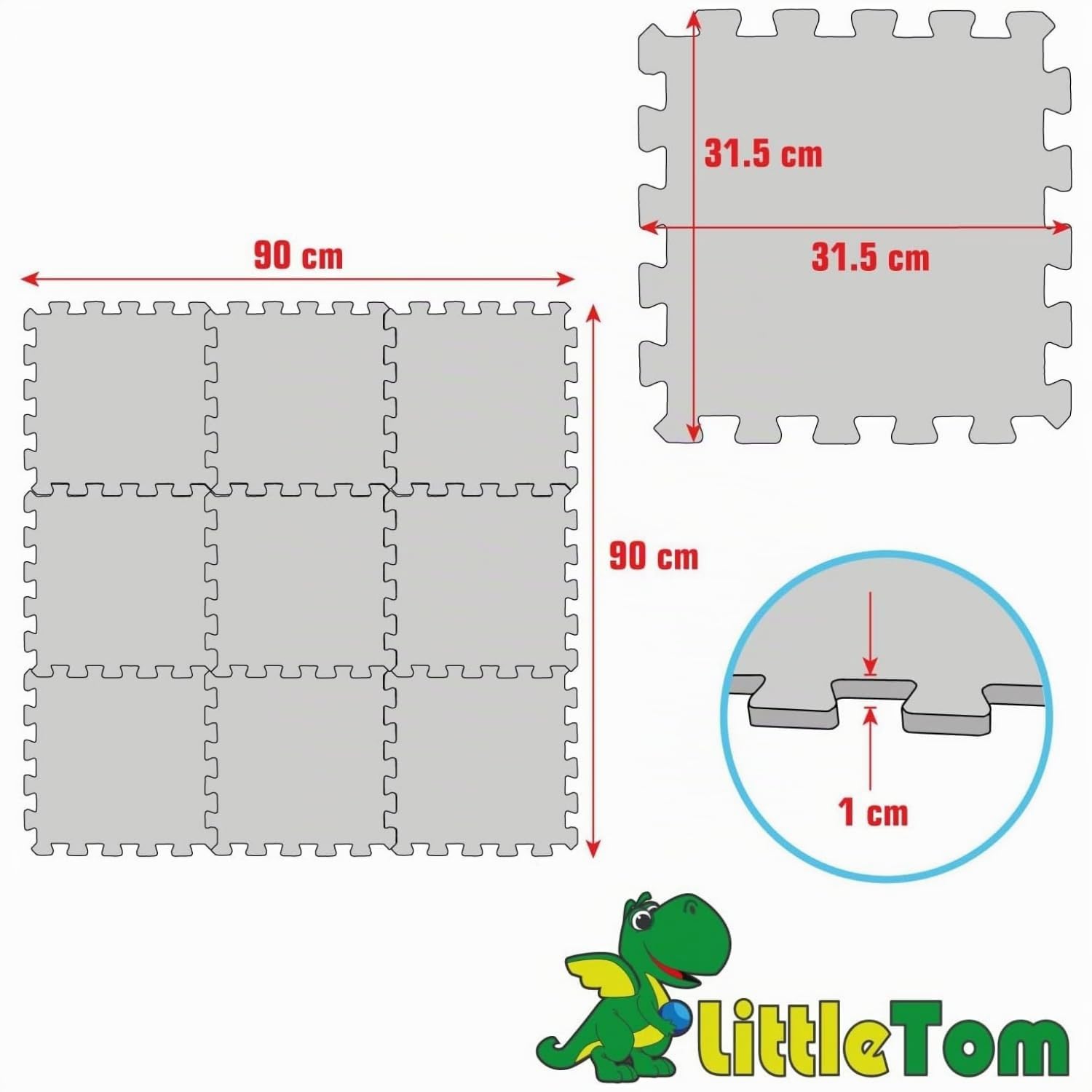 LittleTom 9 Pezzi Tappeto Gioco per Bambini in Piastrelle EVA 30x30 cm - Pavimento Morbido e Antiscivolo per Neonati - Superficie Puzzle Protettiva Ideale per la Cameretta dei Bimbi e Gioco a Terra