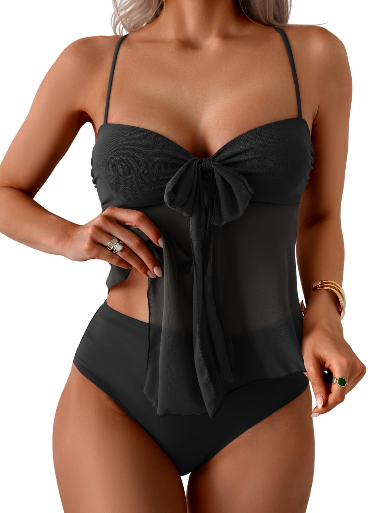 B2prity Mesh Tankini Swimsuit for Women Tummy Control Two Piece Bathing Suit Flowy Swim Top with Full Coverage Bottom