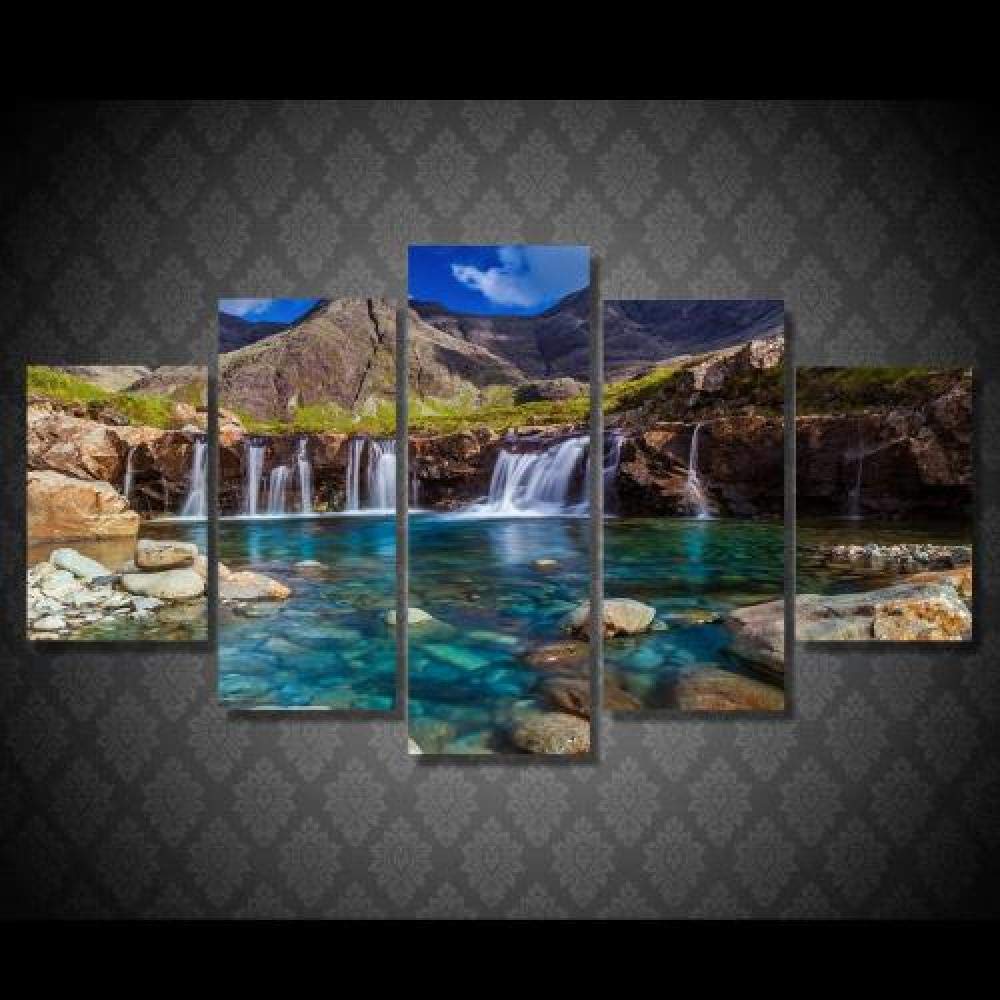 KSFBHC 5 Panel Wall Art Mountain Waterfall Stone River Canvas Personalised Photo Framed Pictures Bathroom Wall Art Kitchen Wall Art Ornaments For Living Room Modern Posters For Bedroom Gift