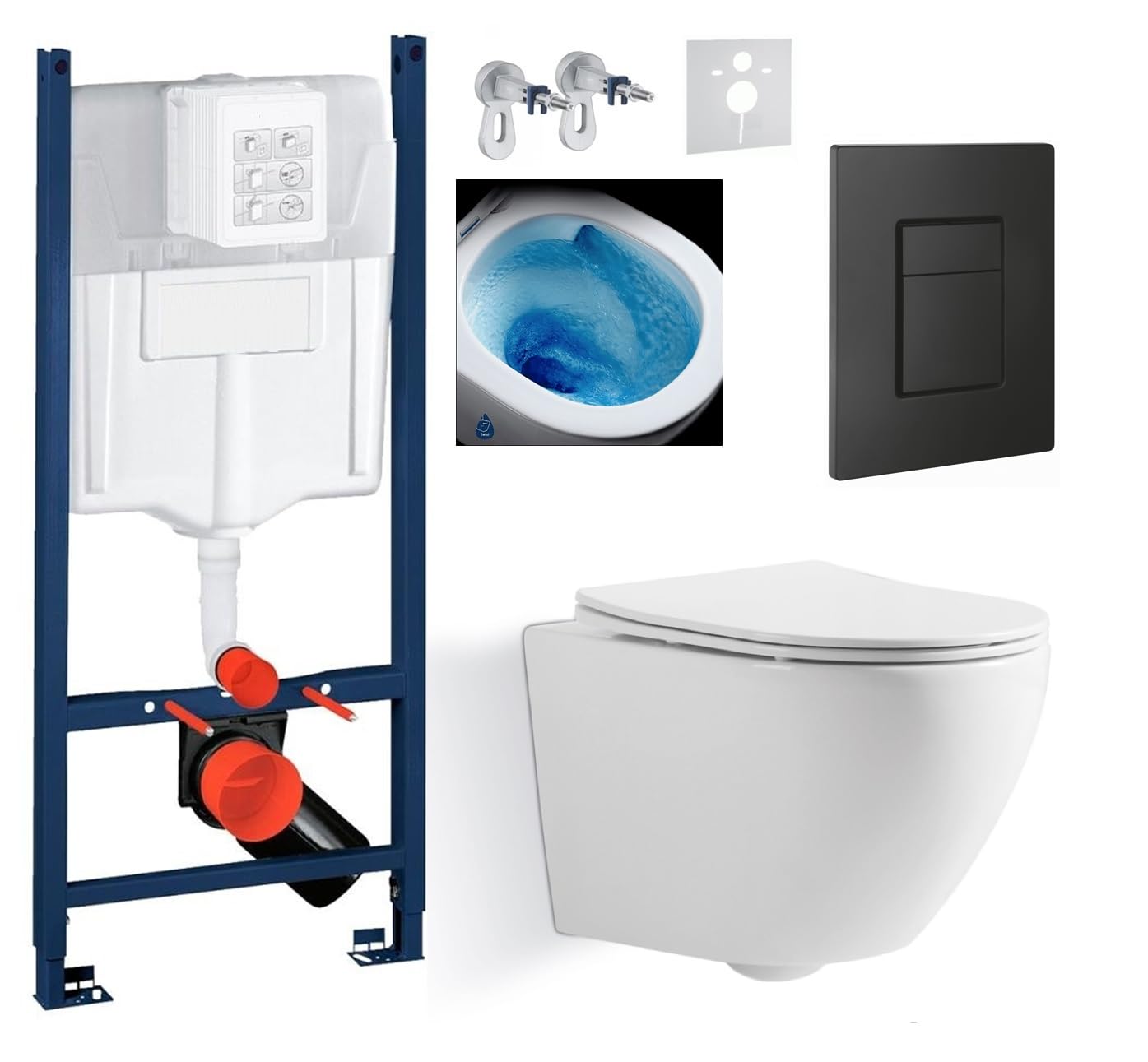 Kompletny zestaw Imprese 5w1 – stelaż podtynkowy + miska WC bezkołnierzowa BLATNA TWIST TORNADO + deska sedesowa wolnoopadająca Slim + czarny matowy przycisk spłukujący + mata + zestaw montażowy