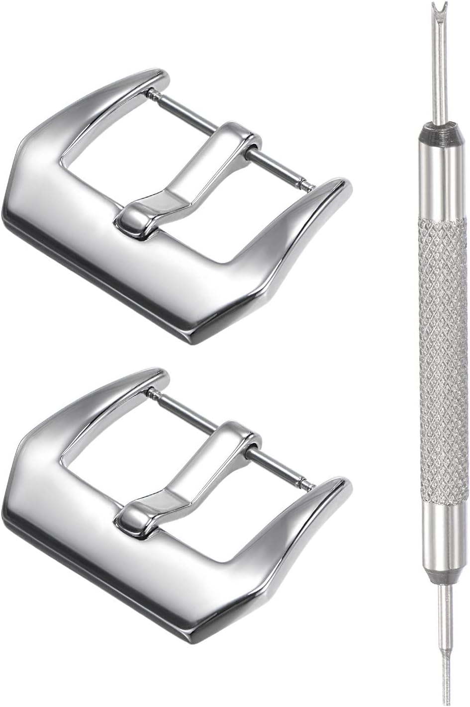 Watch Strap Clasp Replacement Set, Stainless Steel Polished PVD Buckle, Silver Tone for 24mm Width Watch Bands with Spring Bar Remover