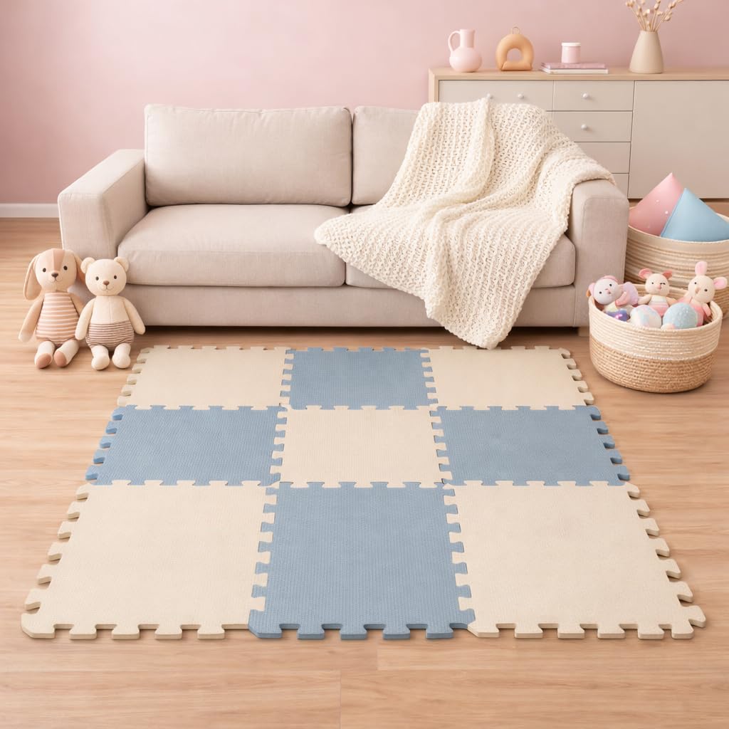LittleTom 9-Pieces Baby Play Mat - 30x30 cm/ 11.8x11.8 in - Soft Foam Interlocking Tiles - EVA Sensory Mat for Crawling Toddlers - Indoor & Outdoor Use - Plasticizer-Free Floormats for kids
