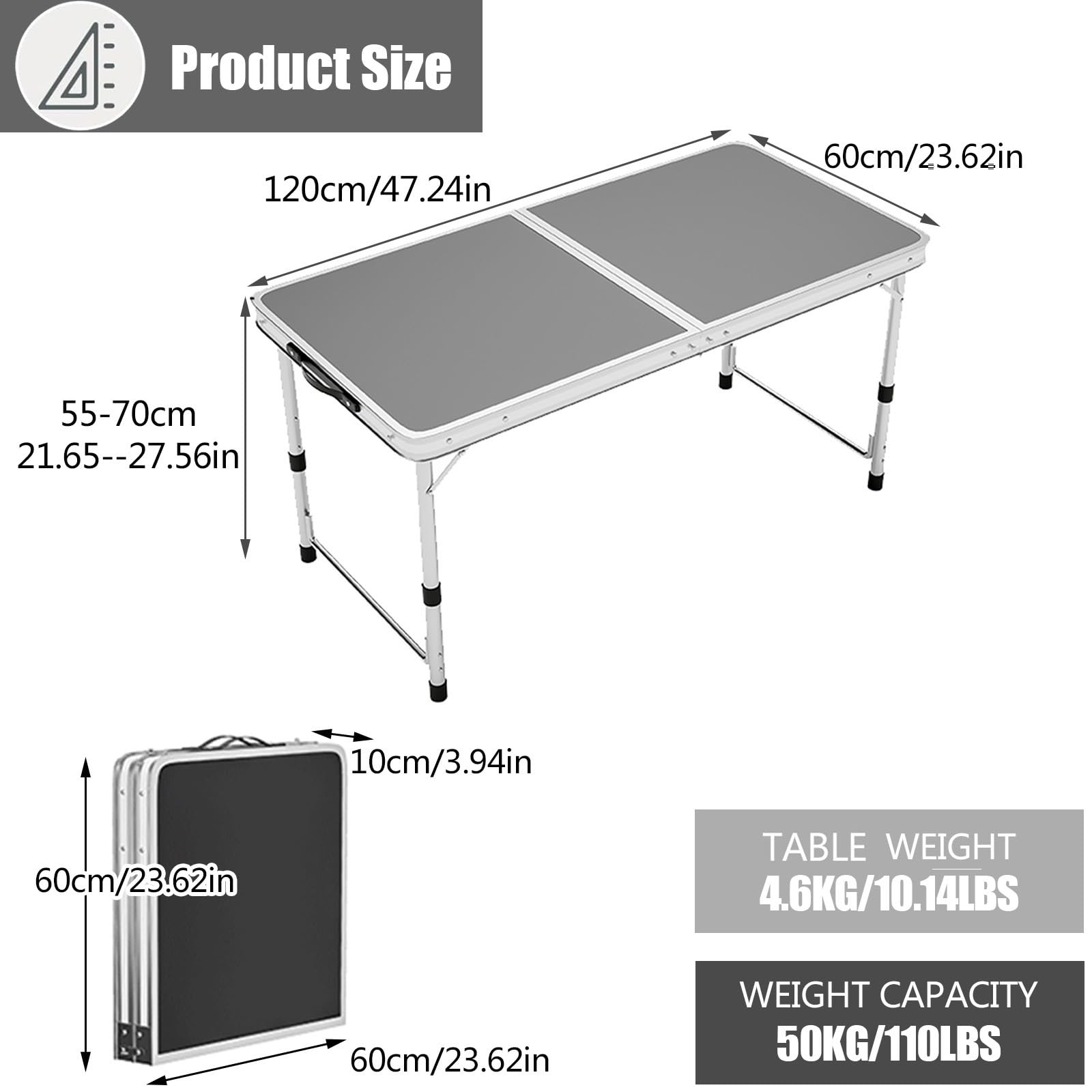 Aluminiowy składany stół o regulowanej wysokości, przenośny stół kempingowy z uchwytem, idealny na imprezy gastronomiczne, biura, piknik, wesela (120 x 60 cm, szary)