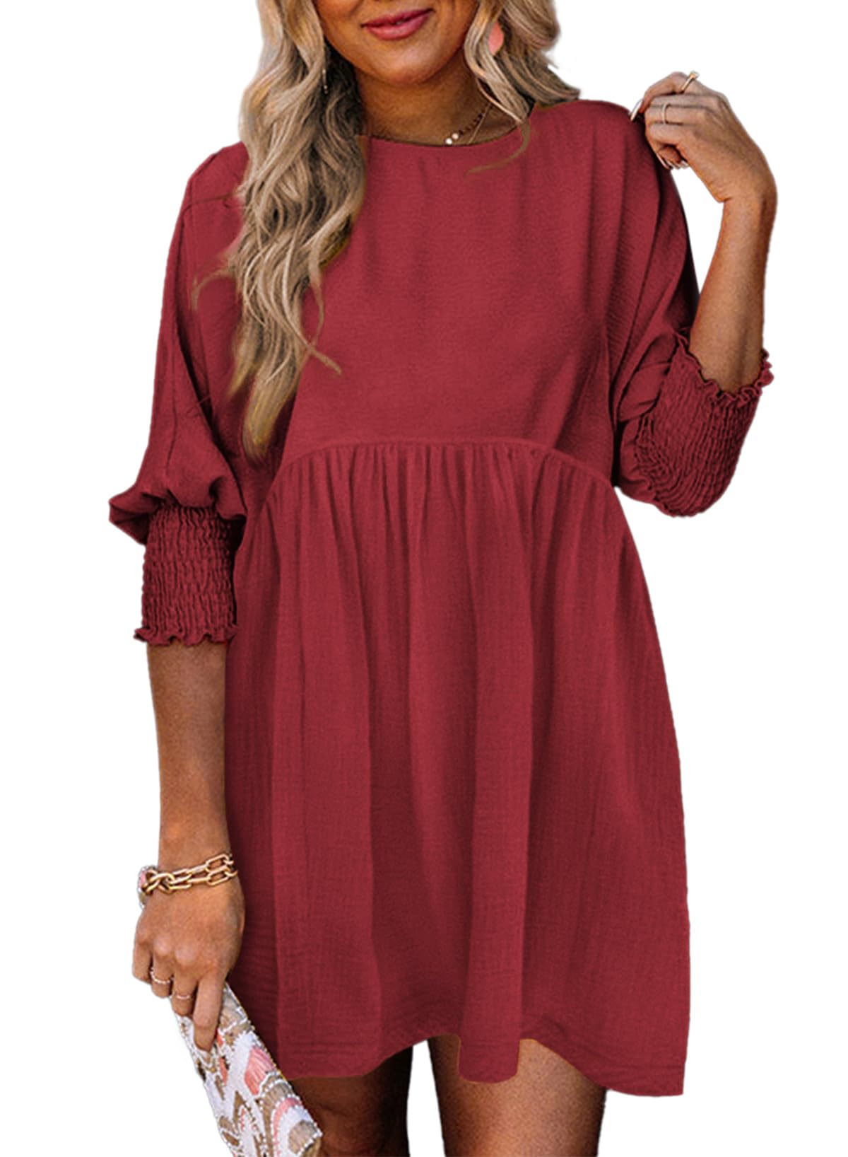 Dokotoo Womens Empire Waist 3/4 Sleeve Casual Babydoll Mini Dress