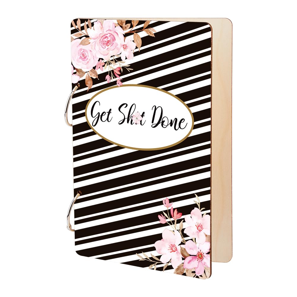 SUPERDANT Get Sh*t Done Goddess Greeting Card Organizer Planning Book Binder Cards Keeper Black and White stripes Card Holder Wooden Loose Leaf Photo Album 2-Rings CoverKeepsake Birthday Gifts