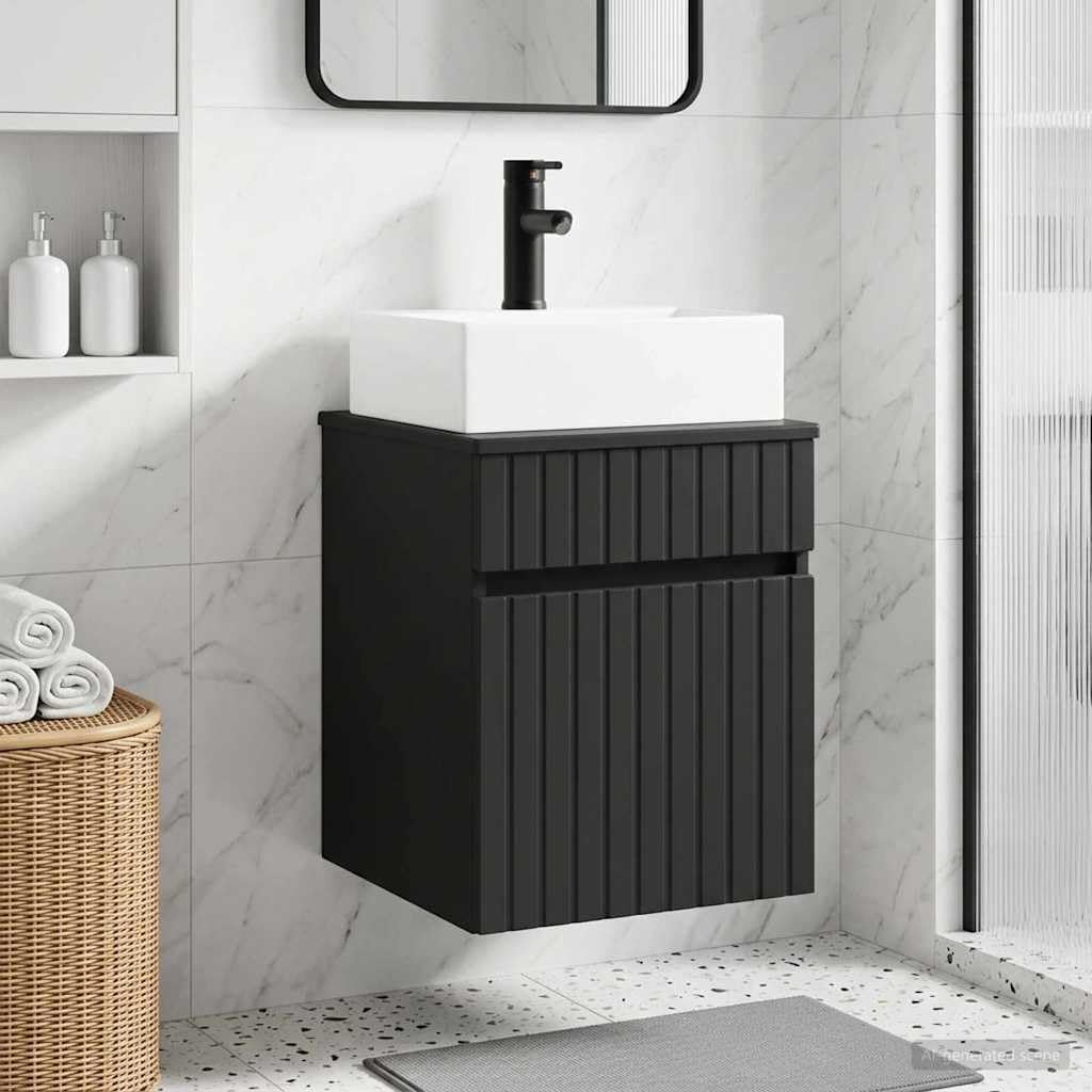 Umywalka Vanity montowana na ścianie, czarna, 39 x 41 x 62,5 cm, materiał drewnopochodny, meble łazienkowe z dużą ilością miejsca do przechowywania, szufladą i drzwiczkami, do łazienki, dla