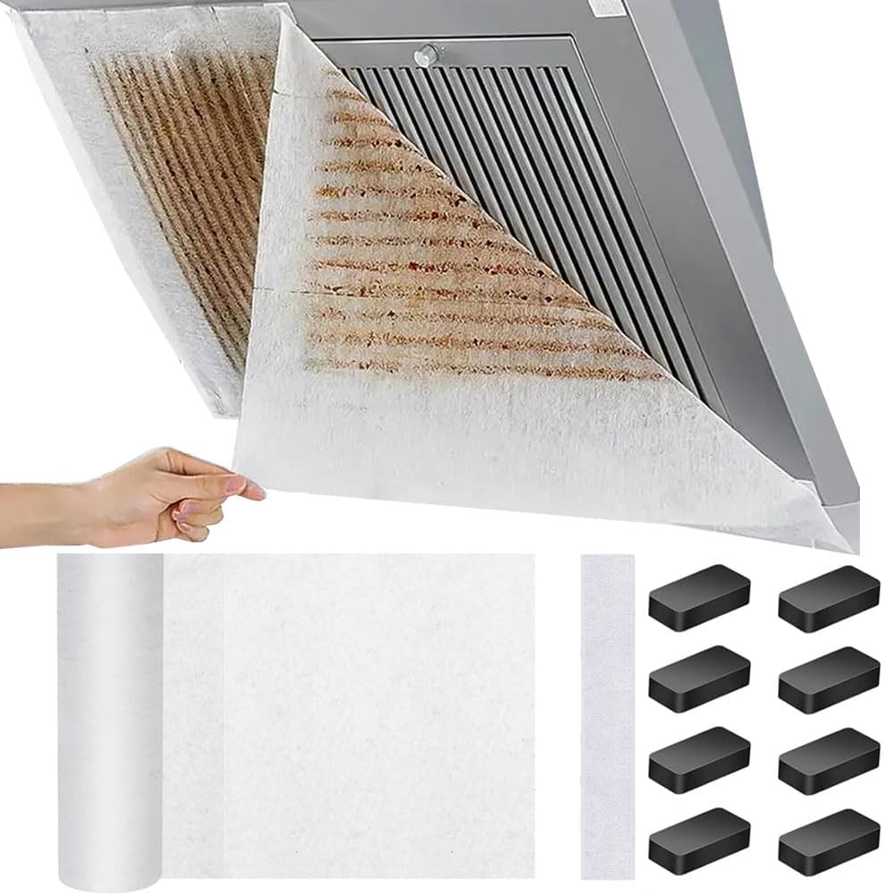 Range Hood Filter Paper,5M Range Hood Universal Replacement Filter Paper Kitchen Nonwoven Anti Oil Filter with Adhesive Strips and Magnetic Block Home No-Cleaning Air Purifiers Filters Screen