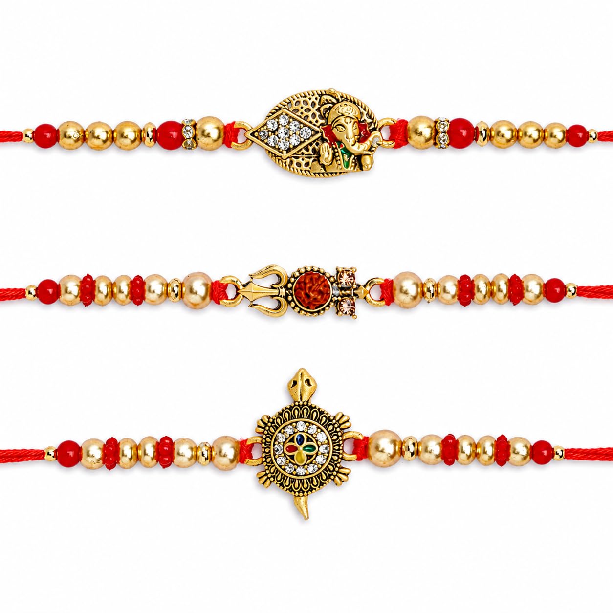 Set of 3 Ganesha &amp; Rudraksha Rakhi for Brother Rakhee for Brothers | Raksha Bandhan Om Rakhi for Brother Rakhi Set with Greeting Card &amp; Roli