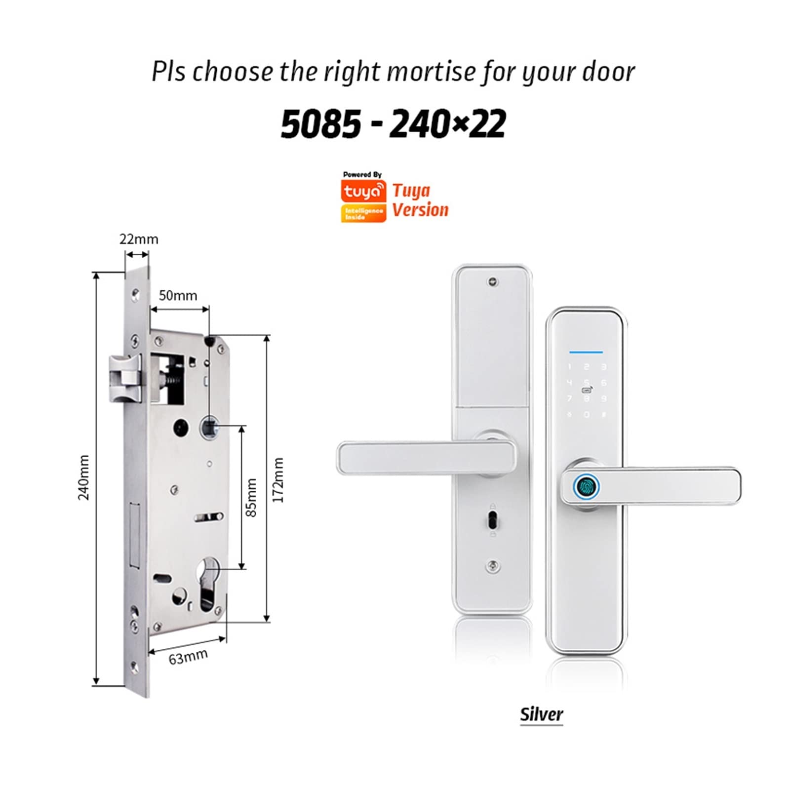 Inteligentny zamek do drzwi, Wodoodporny odcisk palca Tuya cerradura inteligente fechadura eletronica sliver inteligentny zamek do drzwi do domu, sypialni, hotelu, biura, apartamentu(X7tyS-5085)