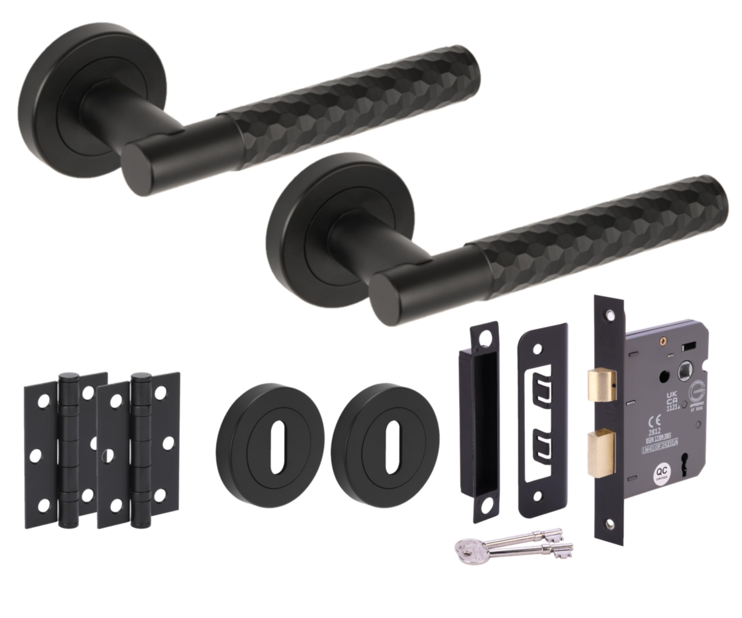 Hunta Black Matt Handlezone® Roca Diamond Cut Knurled Door Handles On Rose 3 Lever Lock Pack, 76Mm Lock, 75Mm Ball Bearing Hinges