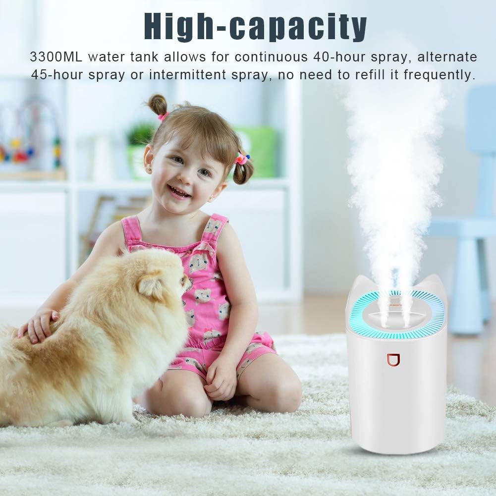Humidificador de Silencioso para Bebes, USB 3L 24 Horas Habitacion Vapor Humificadores, 2 Boquillas y 3 Modos para Dormitorio Oficina (Blanco)