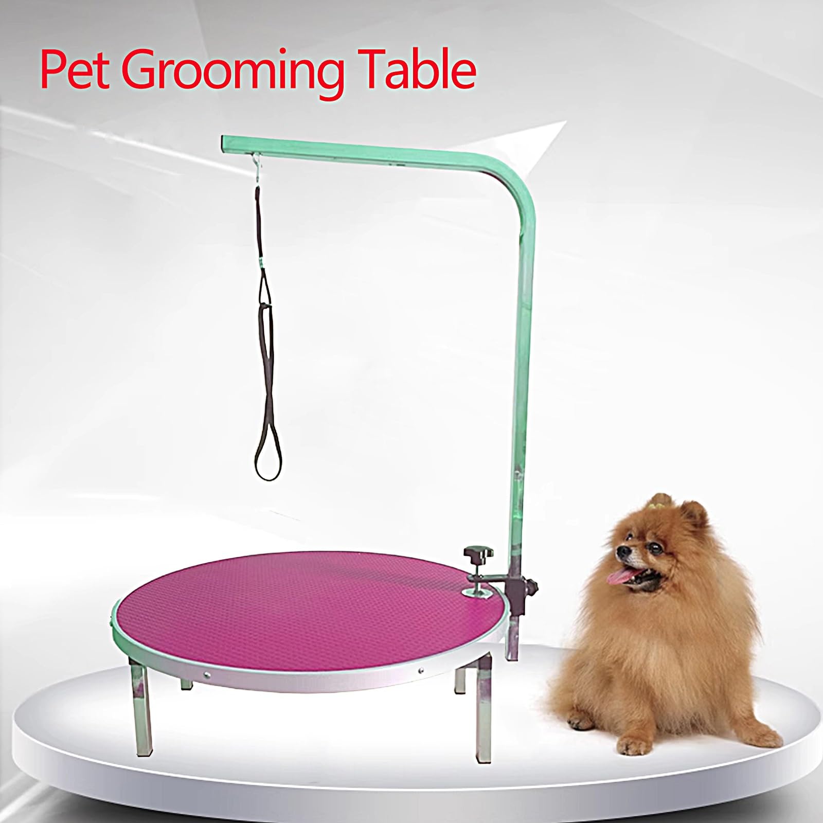Mesa Peluqueria Canina Redonda 60 * 15cm, Rotación de 360 Mesa de Peluquería para Mascotas, Brazo Acicalador Ajustable, para Perros y Gatos(Green)
