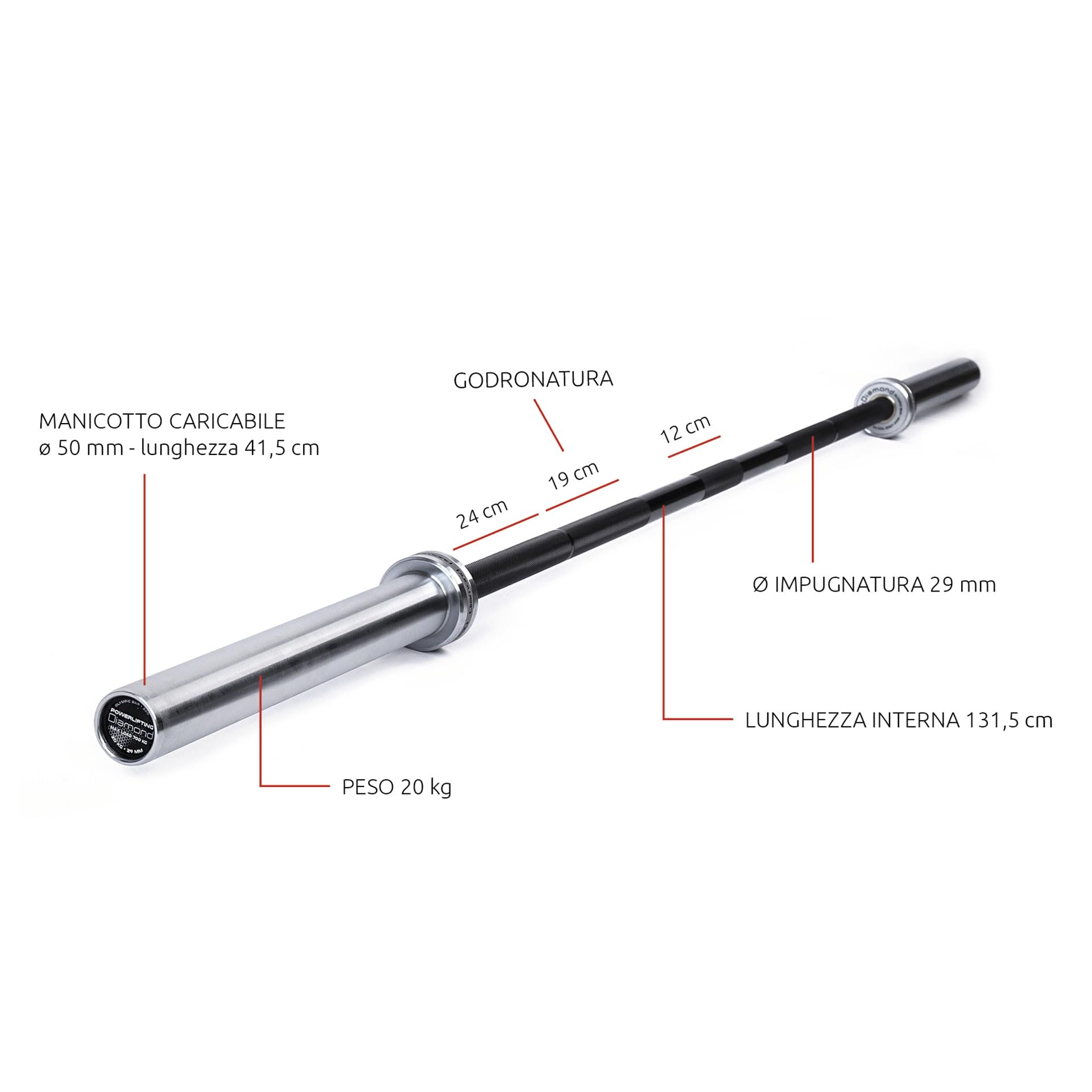 Diamond【Bilanciere Powerlifting 220 cm – 700 kg Carico】Per Dischi da 50 mm, 20 kg, 29 mm Impugnatura, Hard Chromed, Zigrinatura Centrale, 190.000 PSI, Palestra e Home Gym End Cap Quick View
