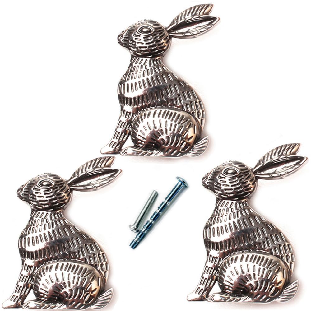 Boutons d'armoire en forme de lapin en métal argenté sculpté style rétro