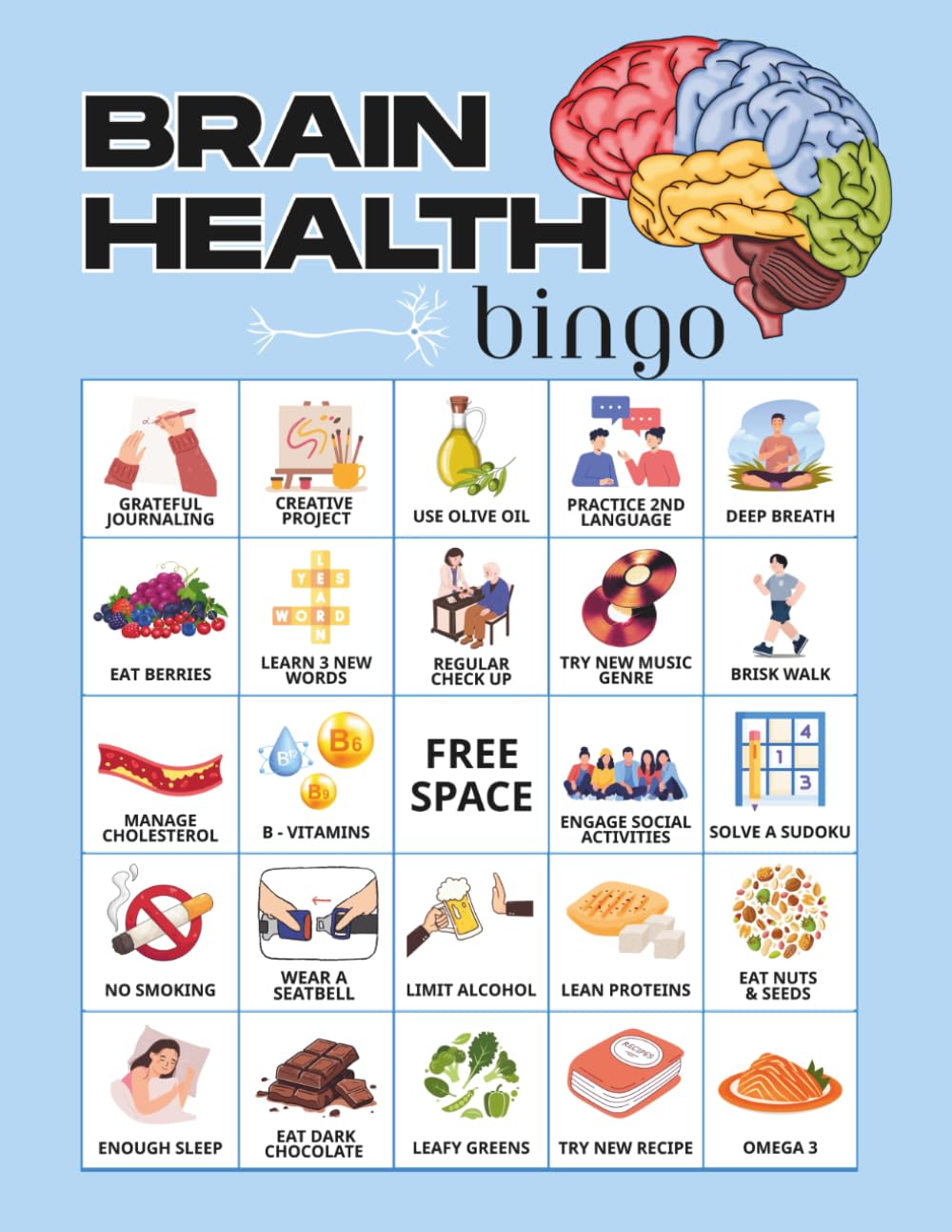 Brain Health Bingo: 32-Player Mental Health Themed Games for Seniors, Dementia activities, World Alzheimer's Day Workshops
