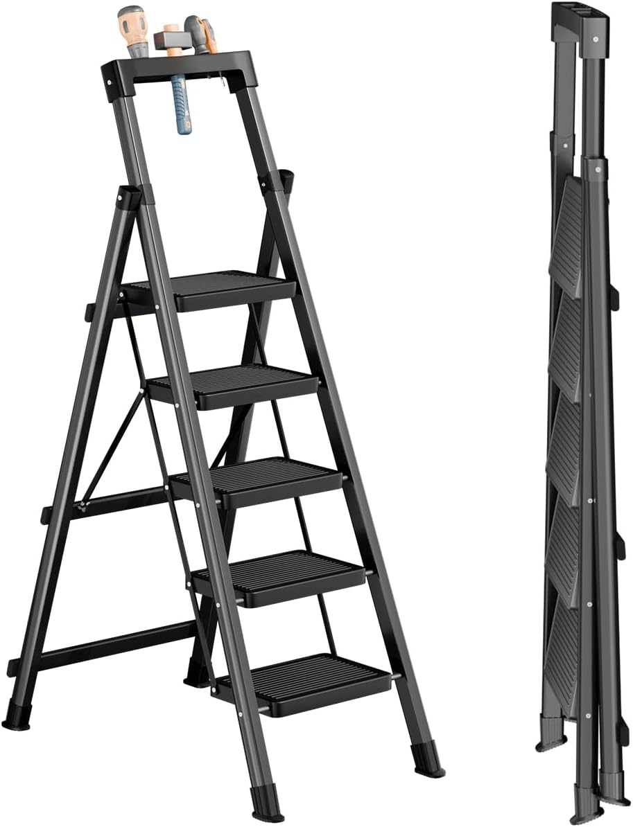 5 Step Ladder with Tool Tray,Portable Step Tool 660lb Load,Folding Step Ladder with Anti-Slip Widen Pedals,Handrail,Safe-Lock Design Carbon Steel Step Ladder for Painting Outdoor Garage