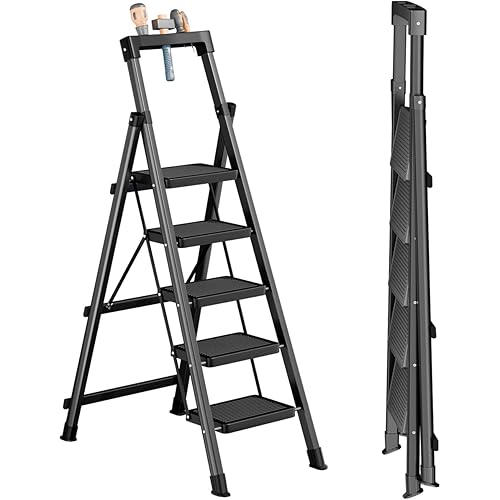 5 Step Ladder with Tool Tray,Portable Step Tool 660lb Load,Folding Step Ladder with Anti-Slip Widen Pedals,Handrail,Safe-Lock Design Carbon Steel Step Ladder for Painting Outdoor Garage
