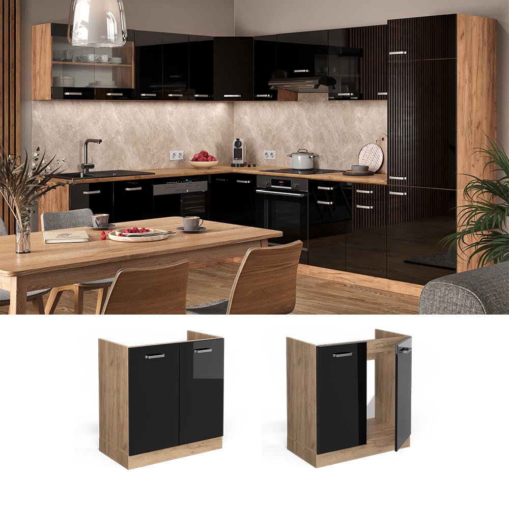 Vicco Mobile lavello cucina R-Line, Nero lucido, 80 cm