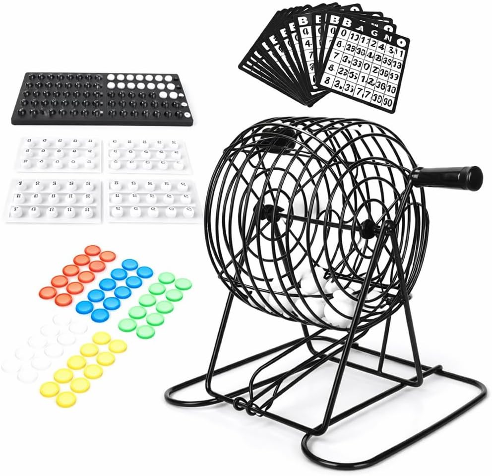 VGEBY Metal Bingo Cage, Bingo Game Set for Family Parties Large Group Entertainment with Steel Jumbo Ball Standard Cards and Plastic Master Board