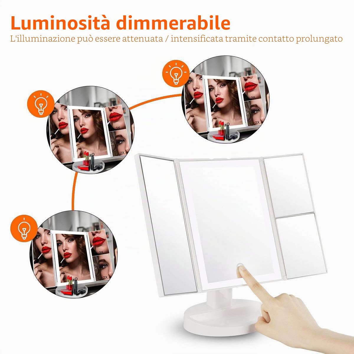 WEILY Specchietto per Il Trucco con Touch Screen Tri-Fold, ingrandimento 1x / 2X / 3X e Caricatore USB o Wireless, Luce LED Regolabile a 180 ° per Il banco da Viaggio Specchio per Il Trucco