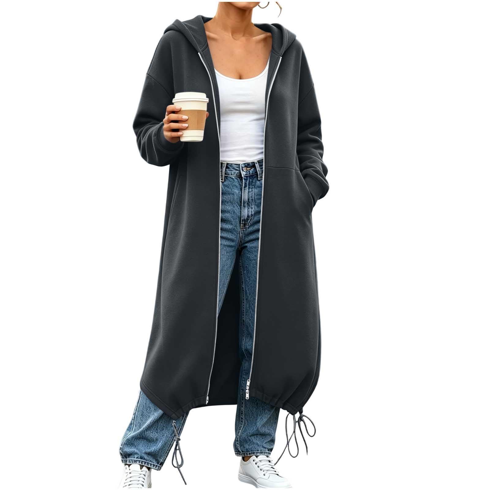 LUCKME Chaqueta Larga Mujer,Sudaderas Mujer Manga Larga con Capucha y Cremallera Color Sólido Casual Abrigo Deportivo Holgada con Bolsillos Suelto Cómodo Sudadera Informal Ropa Otoño Invierno